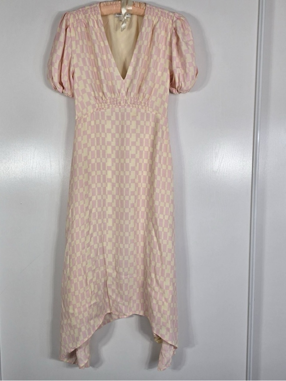 Pink and Cream Checker Midi Dress with Puff Sleeves